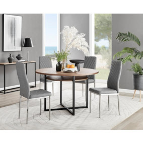 Adley Brown Wood Effect And Black Round Dining Table with Storage Shelf and 4 Grey and Silver Milan Modern Faux Leather Chairs