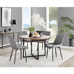 Adley Brown Wood Effect And Black Round Dining Table with Storage Shelf and 4 Grey Velvet Black Leg Pesaro Dining Chairs