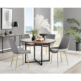 Adley Brown Wood Effect And Black Round Dining Table with Storage Shelf and 4 Grey Velvet Gold Leg Pesaro Dining Chairs