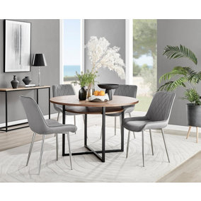 Adley Brown Wood Effect And Black Round Dining Table with Storage Shelf and 4 Grey Velvet Silver Leg Pesaro Dining Chairs