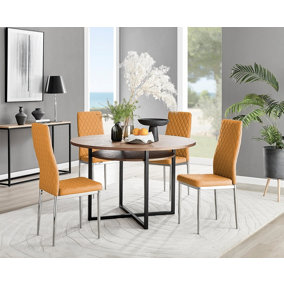 Adley Brown Wood Effect And Black Round Dining Table with Storage Shelf and 4 Mustard and Silver Milan Modern Faux Leather Chairs