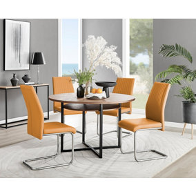 Adley Brown Wood Effect And Black Round Dining Table with Storage Shelf and 4 Mustard Lorenzo Chairs for Modern Sleek Dining Room