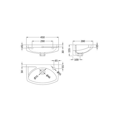 Adley Cloakroom Wall Hung 1 Tap Hole Oval Ceramic Basin with Overflow - 450mm - Balterley
