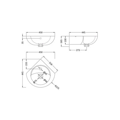 Adley Cloakroom Wall Hung Corner 1 Tap Hole Ceramic Basin with Overflow - 450mm - Balterley
