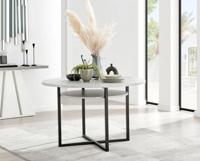 Adley Grey Concrete Effect and Black Metal Round Dining Table with Storage Shelf for Modern Industrial Minimalist Dining Room