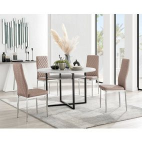 Adley Grey Concrete Effect And Black Round Dining Table with Storage Shelf and 4 Beige and Silver Milan Modern Faux Leather Chairs
