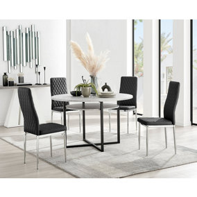 Adley Grey Concrete Effect And Black Round Dining Table with Storage Shelf and 4 Black and Silver Milan Modern Faux Leather Chairs