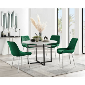 Adley Grey Concrete Effect And Black Round Dining Table with Storage Shelf and 4 Green Velvet Silver Leg Pesaro Dining Chairs