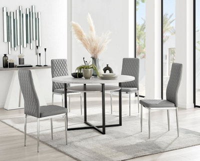 Adley Grey Concrete Effect And Black Round Dining Table with Storage Shelf and 4 Grey and Silver Milan Modern Faux Leather Chairs