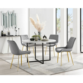 Adley Grey Concrete Effect And Black Round Dining Table with Storage Shelf and 4 Grey Velvet Gold Leg Pesaro Dining Chairs