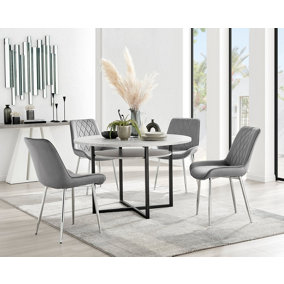 Adley Grey Concrete Effect And Black Round Dining Table with Storage Shelf and 4 Grey Velvet Silver Leg Pesaro Dining Chairs