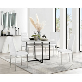 Adley Grey Concrete Effect And Black Round Dining Table with Storage Shelf and 4 White and Silver Milan Modern Faux Leather Chairs