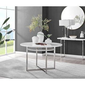 Adley Grey White High Gloss and Chrome Round Dining Table with Storage Shelf for Modern Sleek Minimalist Dining Room