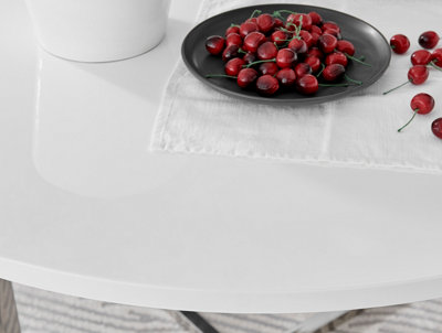 Adley Grey White High Gloss and Chrome Round Dining Table with Storage Shelf for Modern Sleek Minimalist Dining Room