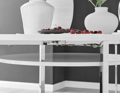 Adley Grey White High Gloss and Chrome Round Dining Table with Storage Shelf for Modern Sleek Minimalist Dining Room