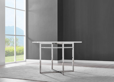 Adley Grey White High Gloss and Chrome Round Dining Table with Storage Shelf for Modern Sleek Minimalist Dining Room