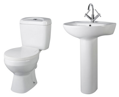 Adley Round Ceramic Bathroom Bundle with Toilet Pan, Cistern, Seat, 1 Tap Hole 550mm Basin & Full Pedestal - Balterley