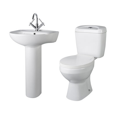 Adley Round Ceramic Bathroom Bundle with Toilet Pan, Cistern, Seat, 1 Tap Hole 550mm Basin & Full Pedestal - Balterley