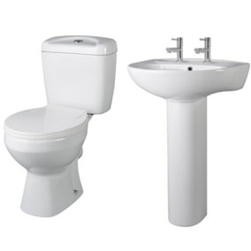 Adley Round Ceramic Bathroom Bundle with Toilet Pan, Cistern, Seat, 2 Tap Hole 550mm Basin & Full Pedestal - Balterley