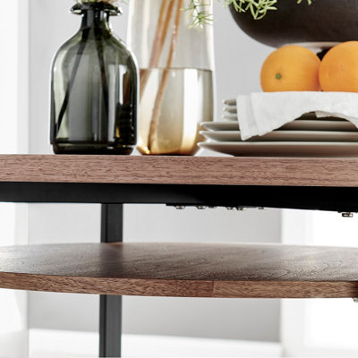 Adley Round Wood Veneer Dining Table with Matte Black Legs and Hidden Storage Shelf for Modern Industrial Minimalist Dining Room