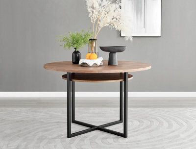 Adley Round Wood Veneer Dining Table with Matte Black Legs and Hidden Storage Shelf for Modern Industrial Minimalist Dining Room