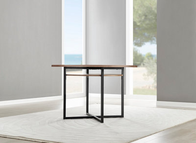 Adley Round Wood Veneer Dining Table with Matte Black Legs and Hidden Storage Shelf for Modern Industrial Minimalist Dining Room
