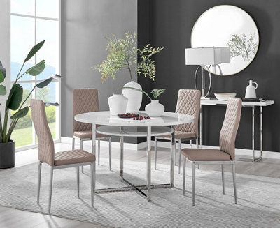 Adley White High Gloss and Chrome Round Dining Table with Storage