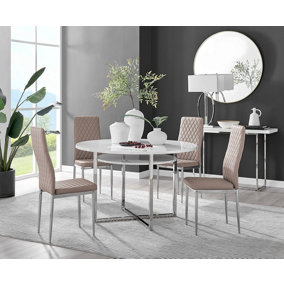 Adley White High Gloss and Chrome Round Dining Table with Storage Shelf and 4 Beige and Silver Milan Modern Faux Leather Chairs