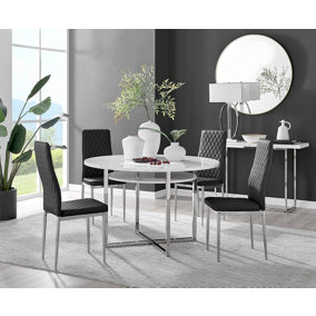 Adley White High Gloss and Chrome Round Dining Table with Storage Shelf and 4 Black and Silver Milan Modern Faux Leather Chairs