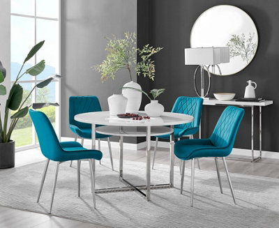 Adley White High Gloss and Chrome Round Dining Table with Storage Shelf and 4 Blue Velvet Silver Leg Pesaro Dining Chairs