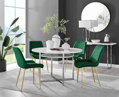 Adley White High Gloss and Chrome Round Dining Table with Storage Shelf ...