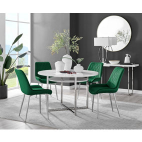 Adley White High Gloss and Chrome Round Dining Table with Storage Shelf and 4 Green Velvet Silver Leg Pesaro Dining Chairs