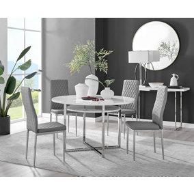 Adley White High Gloss and Chrome Round Dining Table with Storage Shelf and 4 Grey and Silver Milan Modern Faux Leather Chairs