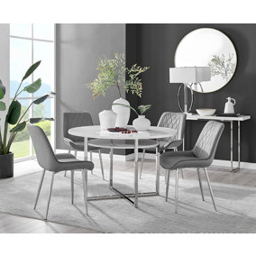 Adley White High Gloss and Chrome Round Dining Table with Storage Shelf and 4 Grey Velvet Silver Leg Pesaro Dining Chairs