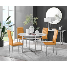 Adley White High Gloss and Chrome Round Dining Table with Storage Shelf and 4 Mustard and Silver Milan Modern Faux Leather Chairs
