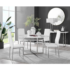 Adley White High Gloss and Chrome Round Dining Table with Storage Shelf and 4 White and Silver Milan Modern Faux Leather Chairs