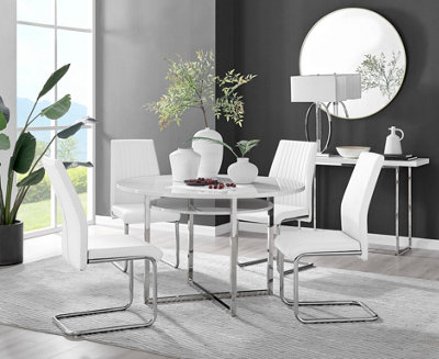 Adley White High Gloss and Chrome Round Dining Table with Storage