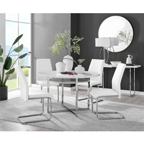 Adley White High Gloss and Chrome Round Dining Table with Storage Shelf and 4 White Lorenzo Chairs for Modern Sleek Dining Room