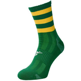 ADULT Size 7-11 Hooped Stripe Football Crew Socks GREEN/GOLD Training Ankle