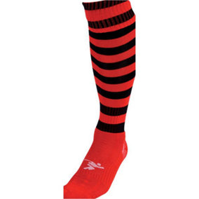 ADULT Size 7-11 Hooped Stripe Football Socks - RED/BLACK Contoured Ankle