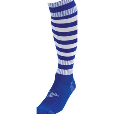 ADULT Size 7-11 Hooped Stripe Football Socks - ROYAL BLUE/WHITE Contoured Ankle