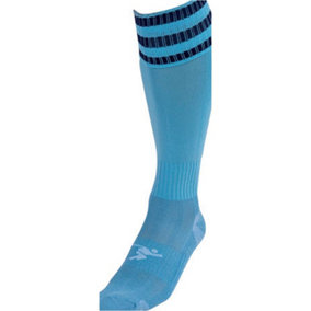 ADULT Size 7-11 Pro 3 Stripe Football Socks - SKY BLUE/NAVY - Contoured Ankle