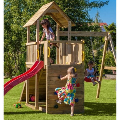 Adventure Peaks Wooden Climbing Frame with Single Swing & Slide - Fortress 3