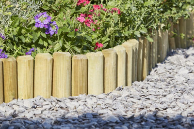 Log roll edging with plants behind and grey gravel in front.
