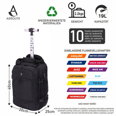 Aerolite 40x20x25 Ryanair Maximum Size Backpack Trolley Bag with 2 Wheels Recycled Eco Friendly Cabin Luggage