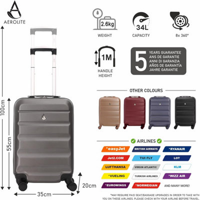 Aerolite Lightweight 55cm Hard Shell 34L Travel Carry On Hand Cabin Luggage Suitcase 4 Wheels Approved