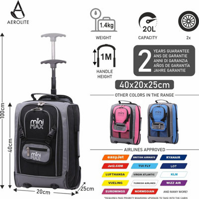 Aerolite MiniMAX 20L Ryanair 40x20x25 Maximum Size Cabin Hand Luggage Under  Seat Trolley Backpack Carry On Cabin Hand Luggage Bag