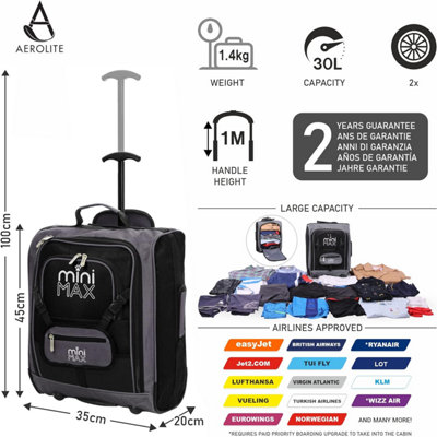 Aerolite MiniMAX 30L EasyJet 45x36x20 Maximum Size Cabin Hand Luggage Under Seat Trolley Backpack Carry On Cabin Hand Luggage Bag