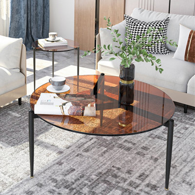AESOME 80cm Coffee Tea Table Brown Tinted Tempered Glass Table Balcony Living Room