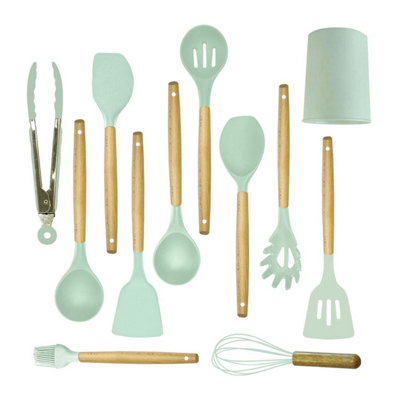 AEX 12-Piece Silicone Kitchen Utensils Set Non-Stick Cooking Tools with Wooden Handles Holder Spatula More Mint Green